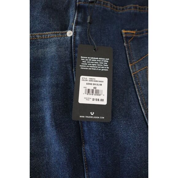 True Religion Men's Sz 40x32 Dark Humid Wash Geno Single Needle Slim Jeans - Picture 5 of 11